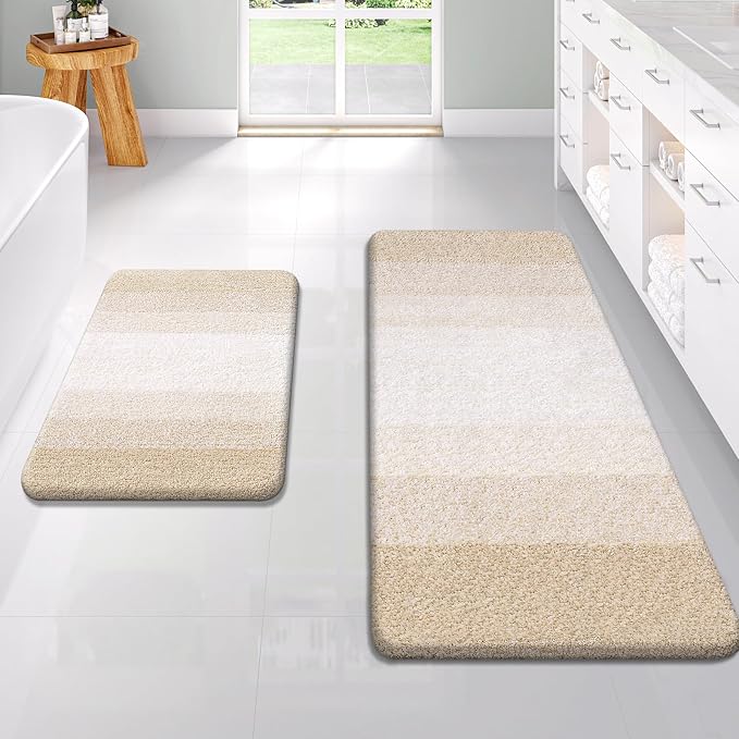 OLANLY Micorfiber Bathroom Rug Set 2 Piece, 47"x20"+24"x16" | Light Beige, Soft Absorbent Bath Rug Set, Non-Slip, Machine Wash Dry, Plush Shaggy Bath Mats for Bathroom