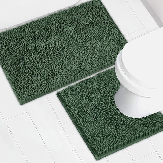 Bathroom Rugs Chenille Bath mat 2 Piece Set, Super Absorbent, Strong PVC Non Slip Backing, Bath mats for Bathroom, Plush Shaggy, Thick, Machine Washable, Bathtub, Toilet.(Bronze Green)
