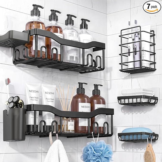 NESOMI 7-Pack Shower Caddy Adhesive,Stainless Steel Shower Organizer Shelf | Rustproof, with Soap Dish Toothbrush Holder, Large Capacity, No-Drill Rack Bathroom Storage Accessories, 24 Hooks, Home Decor