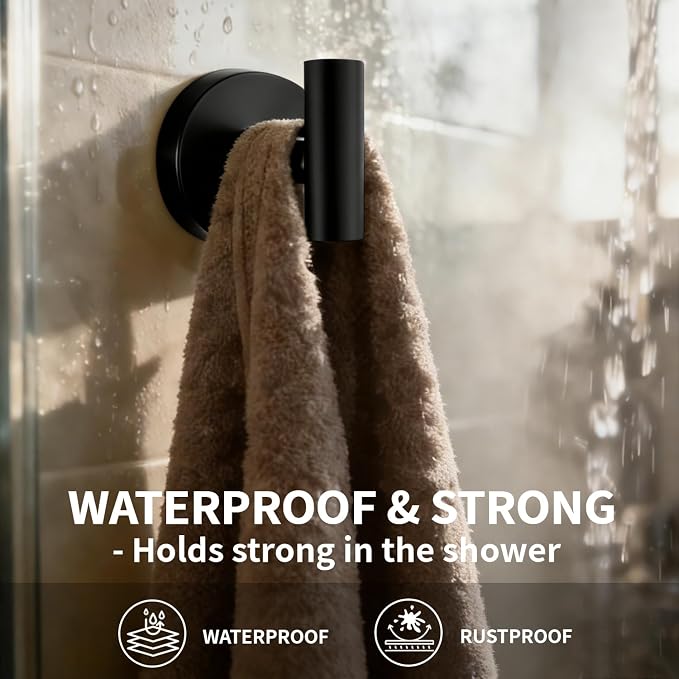 Suction Cup Hooks for Shower - Heavy Duty Matte Black Bathroom Hooks for Glass Door, 4 Pack No Drill & No Damage Waterproof Hooks for Tile, Rustproof for Towels & Door Wreaths