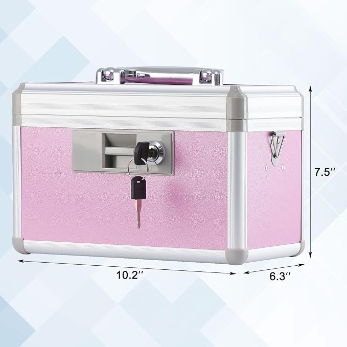 xydstay Medicine Box, First Aid Safe Medication Storage Box,Layered Aluminum Daily Medicine Cabinet,10.2" x 6.2" x 7.7", Pink