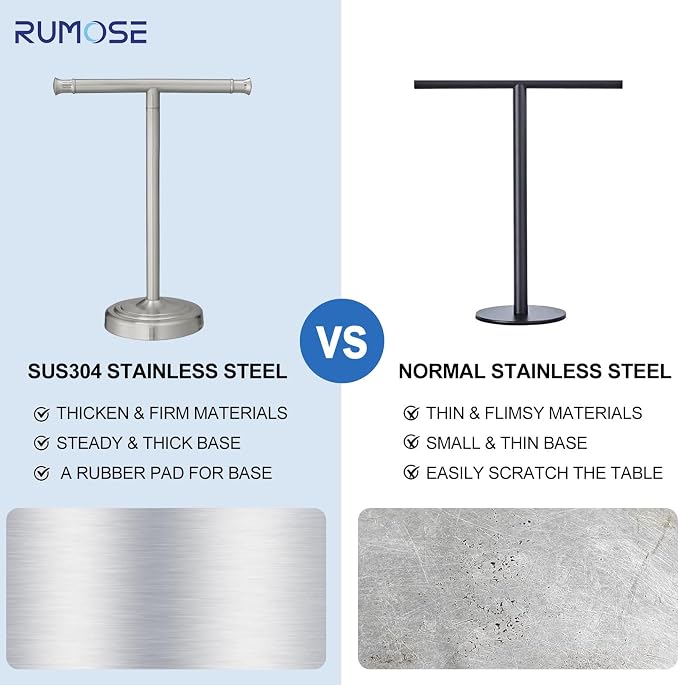 RUMOSE 13 Inch Brushed Nickel Towel Stand Hand Towel Holder Bathroom Kitchen Vanity Countertop T-Shape Towel Rack Free Standing Stainless Steel Towel Bar Towel Ring