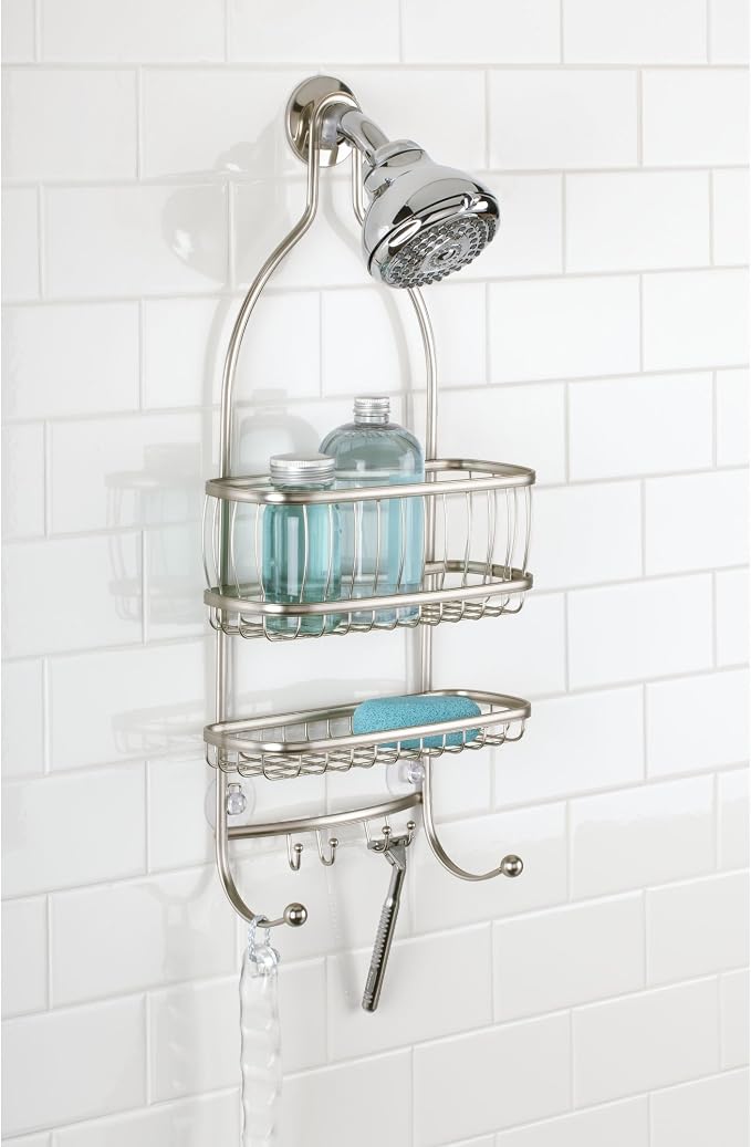 iDesign York Metal Wire Hanging Shower Caddy, Satin Silver | Extra Wide Space, 9.75" x 4" x 22", Hooks for Razors, Towels, For Shampoo, Conditioner, Soap