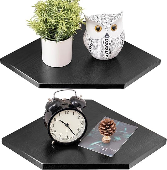 Corner Shelf Wall Mount, Set of 2 Solid Oak Wood Floating Corner Shelves with Wire Hole Display Shelf with Wire Hole Small Plant Display for Kitchen Living Room Bedroom Black