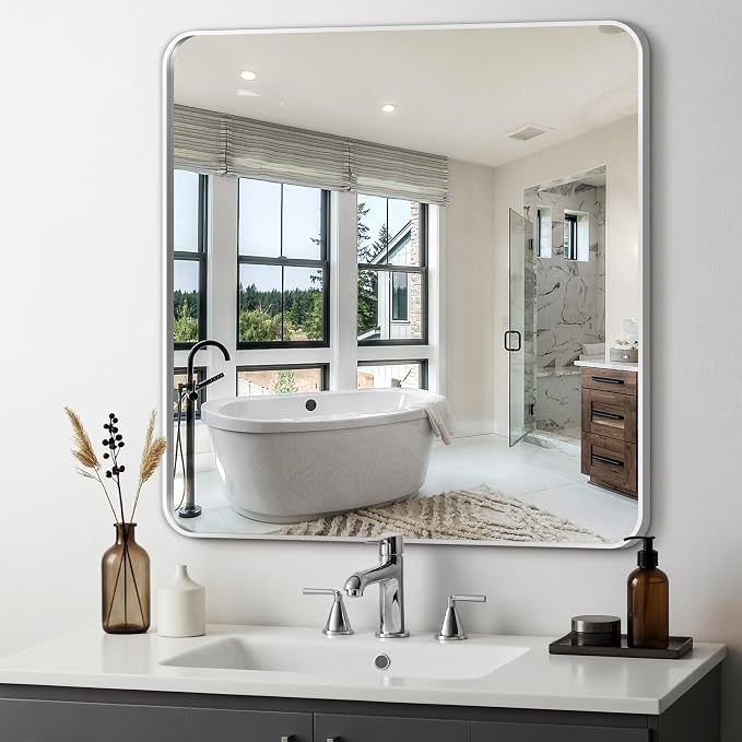 Delma Bathroom Vanity Mirror, Silver Framed Mirror for Over Sink, 30x30 | HD glass, distortion-free for makeup and grooming, Sturdy frame, all mounting hardware, hangs horizontal or vertical