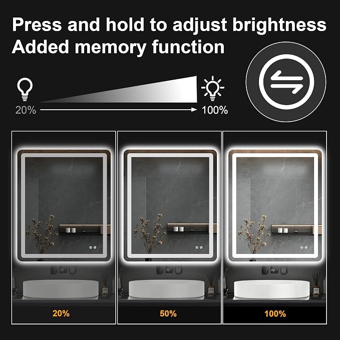 TRAHOME LED Bathroom Vanity Mirror with Lights, 36"x30" Lighted Wall Mirror | Front and Backlit, Anti Fog, Dimmable 3 Color Lighting, Memory Function, Shatterproof Glass, Plug in or Hardwired
