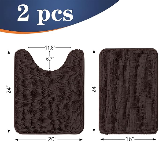 OLANLY Chenille Bathroom Rugs Mats Sets 2 Piece, 24"x16"+24"x20", Brown | Soft Absorbent Bath Mat and U-Shaped Contour Toilet Rug Set, Quick Dry, Machine Washable Bath Carpet, Home Decor Accessories