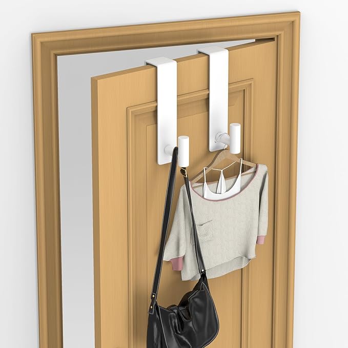 PMMASTO 2-Pack Over The Door Hooks - Rustproof Stainless Steel Door Hangers for 1-3/4 Inch Doors, Non-Marking and Tool-Free Easy Install (White, T Shape)