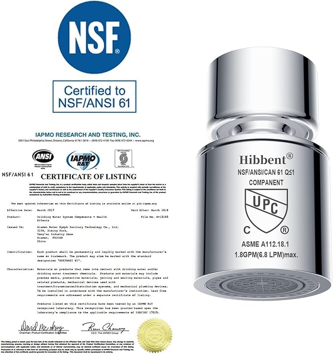 Hibbent NSF/ANSI/CAN 61 Certified Faucet Aerator, CUPC Certification 360° Swivel Kitchen Sink Aerator, Dual-function Sprayer Faucet Head, Faucet Replacement Part 55/64 Inch Female Thread - Chrome
