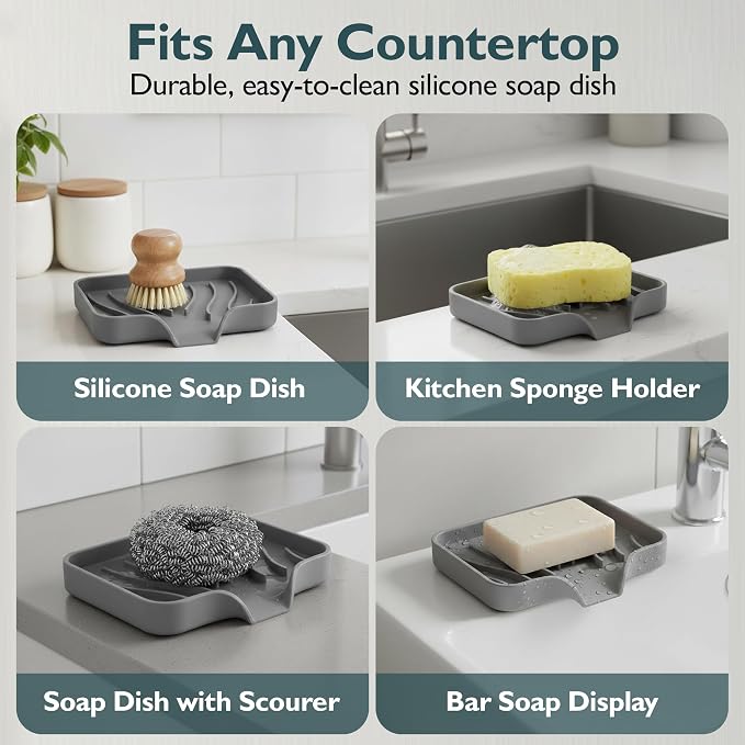 Self Draining Soap Dish with Drain Spout - Bar Soap Holder for Bathroom & Kitchen Sink - Flexible Non-Slip Silicone Soap Holder for Bar Soap, Sponge & Scrubber - 1 Pack