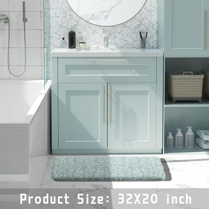 Yimobra Bath Rugs for Bathroom 32X20, Ultra Soft and Water Absorbent Bath Mats, Non Slip Plush Shower Mat, Microfiber Thick Matts for Bathroom Floor/Tub, Machine Washable, Sky Light Blue and White