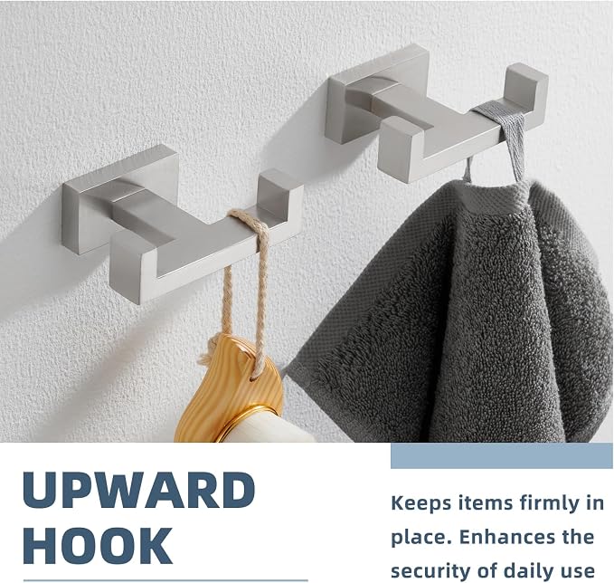 APLusee Double Bath Towel Hook 2 Pack, 304 Stainless Steel Square Dual Coat Holder, Modern Bathroom Kitchen Storage Hanger Wall Mounted, Brushed Nickel