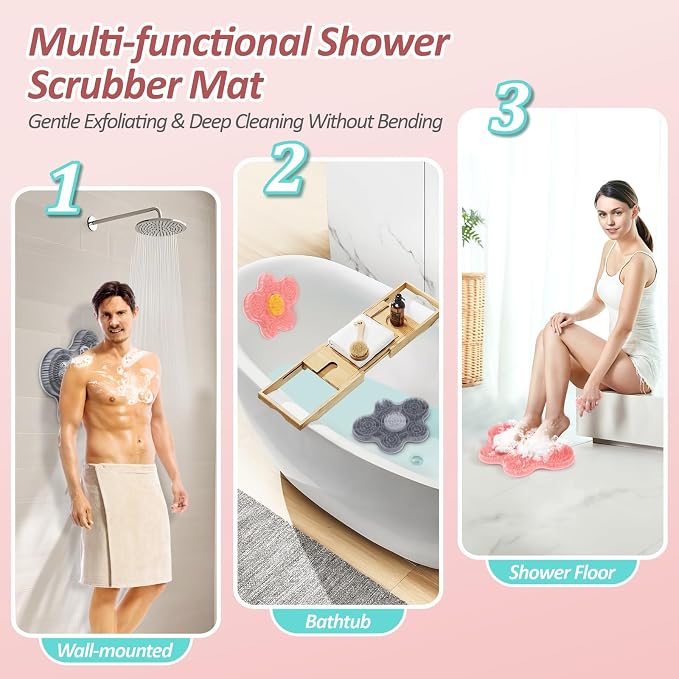 Upgrade Silicone Shower Foot Scrubber Mat & Silicone Bath Brush Set, Large Wall-Mounted Back Scrubber Back Washer to Clean, Exfoliate and Massage Without Bending(Pink+Soft Brush)