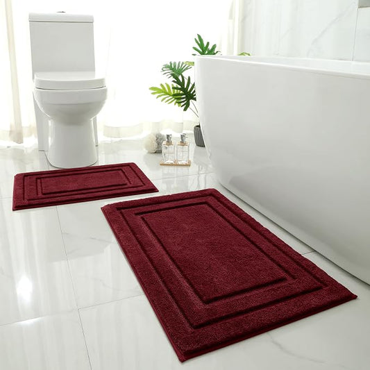 HOMEIDEAS Bathroom Rugs Sets 2 Piece, Non Slip Bath Mat Burgundy Red | Ultra Absorbent, Microfiber Machine Washable Bath Rug Set, for Bathroom, Tub, Shower 20" x 32" + 16" x 24"