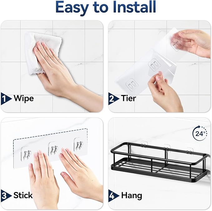 Shower Caddy Adhesive, Rustproof Shower Organizer, Large Capacity Shower Shelves for Inside Shower, No Drilling Bathroom Organizers and Storage for Home Decor （2 Pack Black）