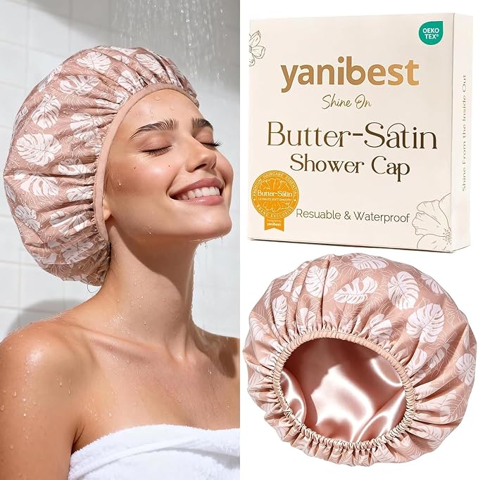 Yanibest Frizz Free Satin Lined Shower Cap with Soft Elastic Band | Frizz Free & Large Durable Bath Cap with Soft Elastic Band, Luxury Hair Protection Caps, Nylon Shower Hair Cap