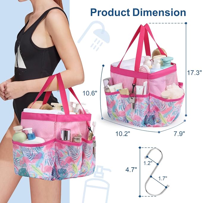F-color Shower Caddy Portable - Mesh Shower Bag Basket Tote for College Dorm Room Essentials Bathroom Gym Camp Quick Dry for Women Men with S Hook, Pink Flamingo