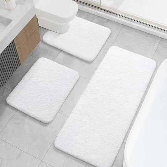 LOCHAS Bathroom Rugs Sets 3 Piece, Long Bath Mat Set Non Slip, White | Washable Absorbent Toilet Rug, Shaggy Soft Cozy Quick Dry