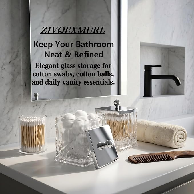 2 Pack Glass Qtip Holder Dispenser Set,Square Bathroom Apothecary Jars with Silver Metal Lid for Cotton Swabs,Balls, Pads, Floss Picks, Vanity Storage Container for Makeup,Candy, Jewelry(15 Oz, Clear)