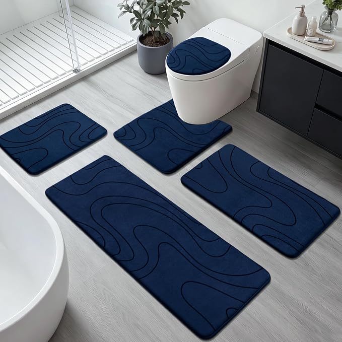 YIHOUSE Bathroom Rugs Sets 5 Piece - Thick Memory Foam Bath Mat, Dark Blue | Ultra Soft, Extra Thick, Super Absorbent, Non Slip, Machine Washable, For Bathroom Floor & Tub, 5 Pieces