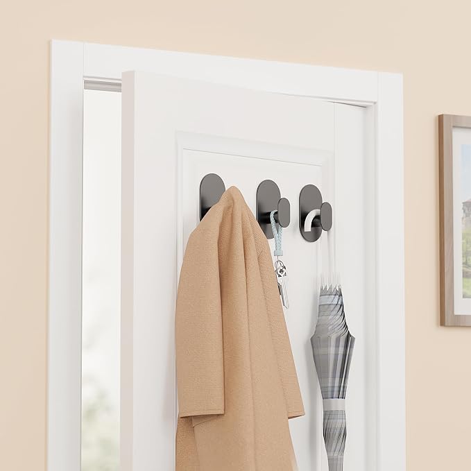 Aikzik Adhesive Towel Hooks - 4 Pack 26LB Extra Strong Heavy Duty Wall Hooks for Bathroom/Shower Door Hanging Coat, Robe, Towel, Dogs' Leads and Collars (Matte Black, Stainless Steel)