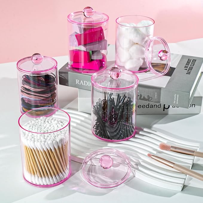 6 Pcs Acrylic Qtip Holder, Cotton Ball Holder Jars with Lids, Pink | Apothecary Jars for Cotton Swabs, Balls, Pads and Floss Picks, Bathroom Vanity Organizer