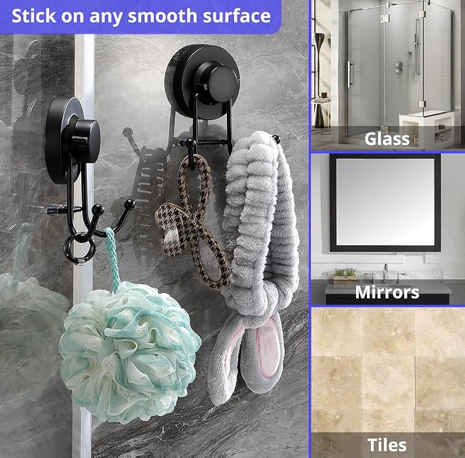 HOME SO Suction Cup Hooks for Shower & Bathroom Towel Holder 2-Pack – Suction Cups Hooks for Hanging Towels, Robes, & Coats - Tiles, Glass Door or Mirror – Shower and Towel Hooks - Black, Stainless