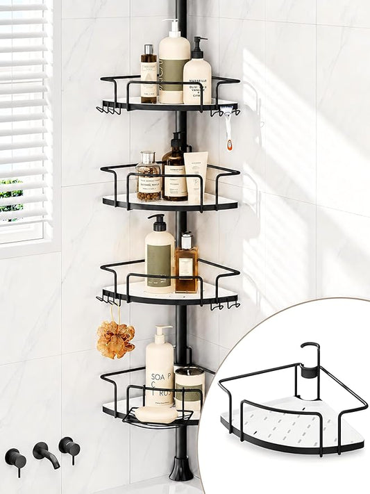 ALLZONE Corner Shower Caddy Tension Pole, 4 Hang-On Basket with Mixed-Height Shelves for Various Bottle Sizes, Extra Hooks & Soap Holder, Rustproof Stainless Steel, Fits 34–116 Inch, Black/White
