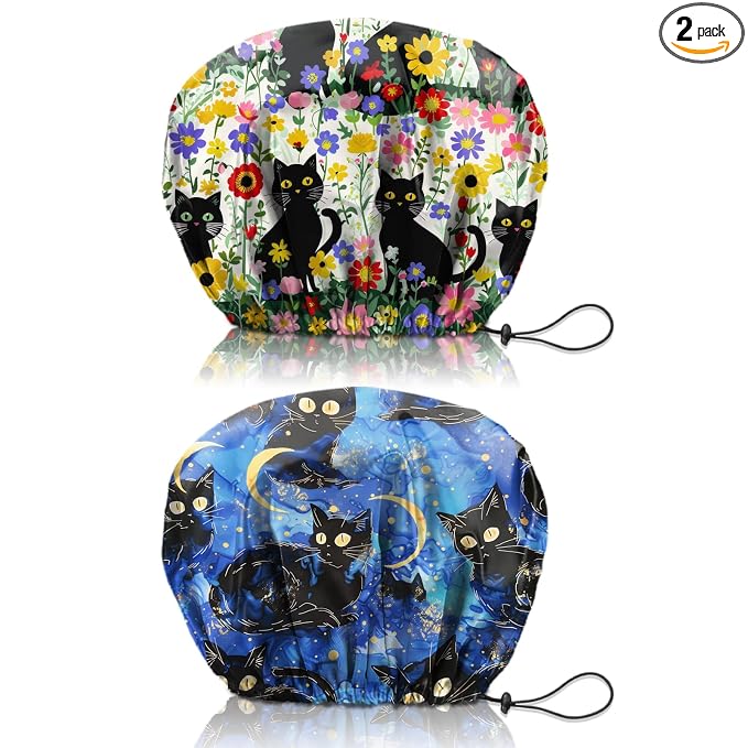 2 PCS Shower Cap Reusable Waterproof Double Layers Hair Caps Shower Bath Adjustable Elastic Hat for Women Girls Cute Aesthetic-Flower Black Cat