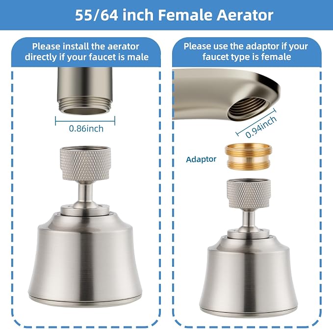 Hygie Rinse Kitchen Sink Faucet Head Replacement 4 Spray Faucet Sprayer Attachment with 2 Ball Joint, Big Angle Swivel, 55/64-27UNS Famale Thread, Male Thread Adapter Included, Brushed Nickel