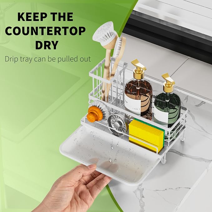 Cisily Sponge Holder for Kitchen, Sink Caddy Organizer, Kitchen Sink Accessories with Drip Tray, Rustproof and Non-slip Kitchen Sink Sponge Holder (White stand with brush holder)