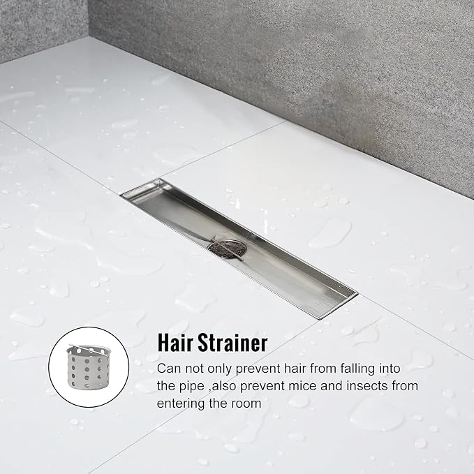 Linear Shower Drain, Shower Drain 12 inch with Bar Pattern Grate, Durable AISI 304 Stainless Steel Shower Drain, Linear Drain with Hair Strainer and Leveling Feet