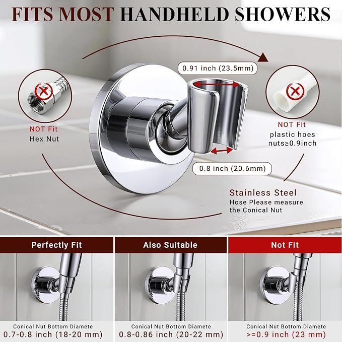 Metal Shower Head Holder, Adjustable Shower Wand Holder, Easy Install with Strong Adhesive or Drill Kit
