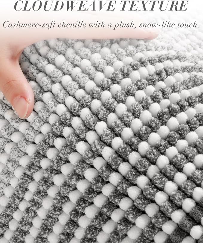 Large Chenille Bathroom Rugs, 24x43 Striped Bath Mats, Grey | Non Slip Backing, Extra Soft Absorbent, Quick Dry Machine Washable, Shower Rug for Bathroom Floor, Tub, Bedroom Decor