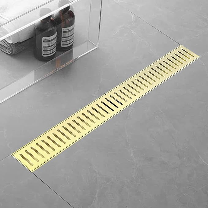 24 Inch Linear Shower Drain Bathroom Kitchen Golden Floor Drain Removable Capsule Pattern Cover Accessories Shower Drain 304 Stainless Steel Drain with Hair Strainer Adjustable Leveling Feet