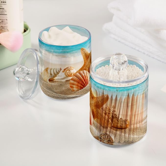 ALAZA 4 Pack Qtip Holder Dispenser Beach Starfish Ocean 2 Cotton Ball Cotton Swab Round Pads Floss Clear Bathroom Storage Containers Plastic Apothecary Jars with Lids