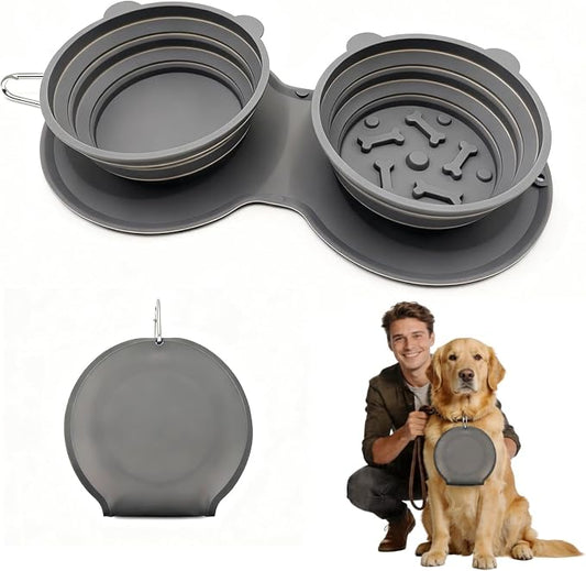 2-in-1 Collapsible Dog Bowl for Travel, Portable Dog Water Bowl with Carabiner Clip, Foldable Silicone Food Dish for Pets Outdoor Hiking Camping Walks (Gray)