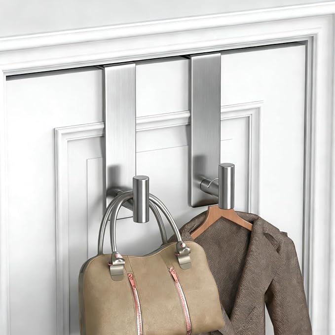 PMMASTO 2-Pack Over The Door Hooks - Rustproof Stainless Steel Door Hangers for 1-3/4 Inch Doors, Non-Marking and Tool-Free Easy Install (Silver, T Shape)