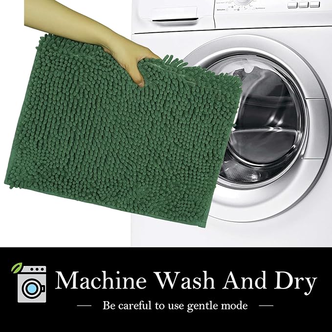 Bathroom Rugs Chenille Bath mat 2 Piece Set, Super Absorbent, PVC Non Slip Backing, Bath mats for Bathroom, Plush Shaggy, Thick, Machine Washable, Bathtub, Shower, Toilet.(Deep Green)