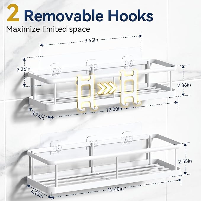 Shower Caddy Adhesive, Rustproof Shower Organizer, Large Capacity Shower Shelves for Inside Shower, No Drilling Bathroom Organizers and Storage for Home Decor （2 Pack White）