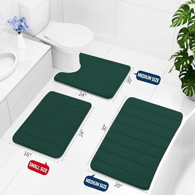 Buganda Memory Foam Bath Mat 30 x 20, Ultra Soft Absorbent Bathroom Rugs | Dark Green, Machine Washable Quick Dry Bath Mats for Bathroom Floor, Shower and Tub, Home Decor Accessories