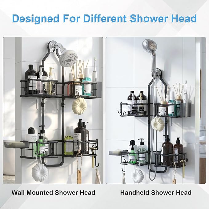Shower Caddy Hanging Organizer Over Showerhead, Rustproof Black | 2-Tier No-Drill Hanging Shower Organizer with Removable Hooks, Soap Dish, Toothbrush Holder for Bathroom Razor Shampoo Sponge