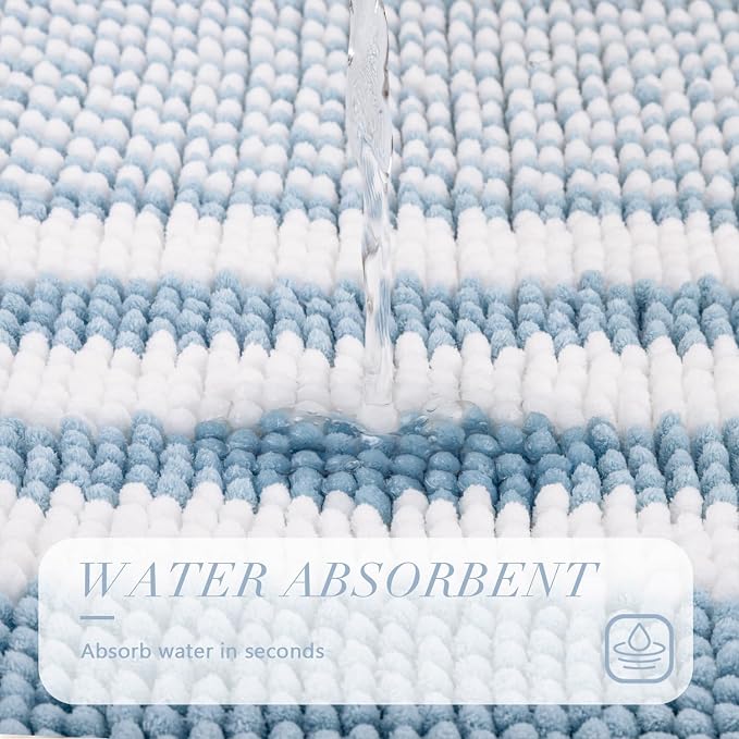 Bathroom Rugs, 20x32 Chenille Bath Mats, Light Blue | Extra Soft Absorbent, Non Slip Striped, Quick Dry Machine Washable, Modern, Shower Rug for Bathroom Bedroom Decor