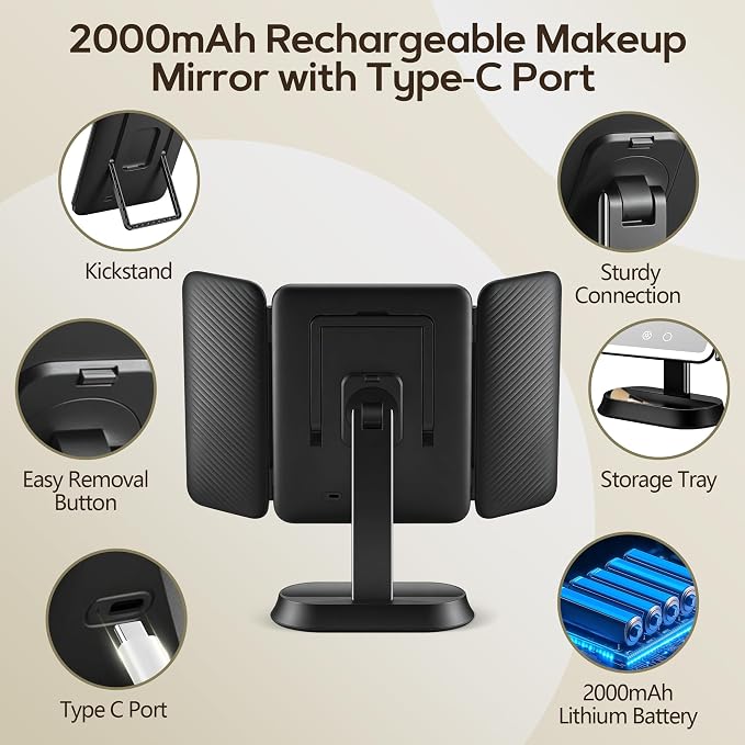 GOMIPURU Makeup Mirror with Lights and 30X/10X/5X Magnification, Vanity Mirror with 3 Color Lights, Rechargeable, Detachable, Lighted Makeup Mirror with Magnification, Trifold Mirror, Gifts, Black