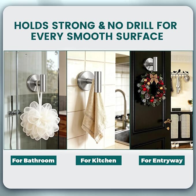 Suction Cup Hooks for Shower - Heavy Duty Matte Black Bathroom Hooks for Glass Door, 6 Pack No Drill & No Damage Waterproof Hooks for Tile, Rustproof for Towels & Door Wreaths
