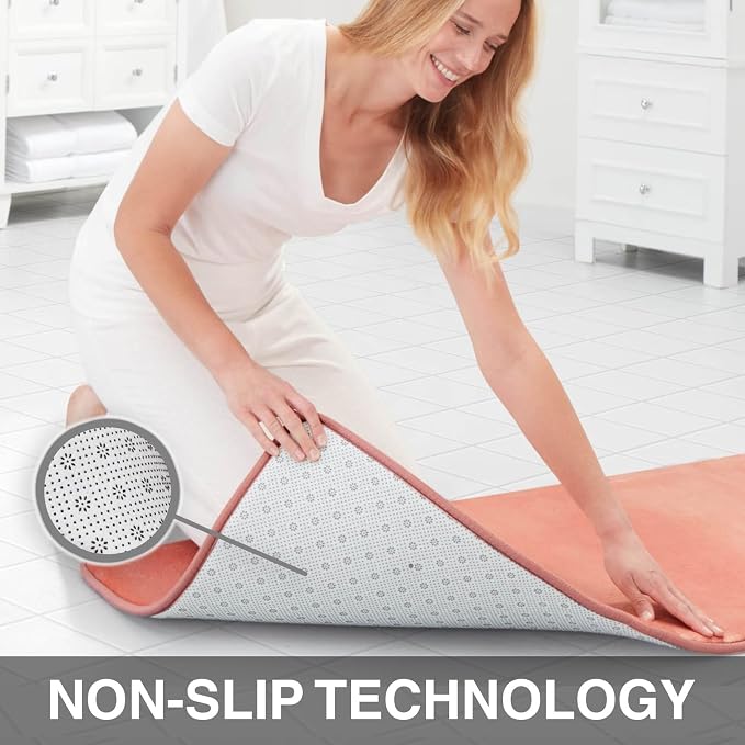 Memory Foam Bath Mat Non Slip Absorbent Super Cozy Velvet Bathroom Rug Carpet (20 inches X 32 inches, Peach)