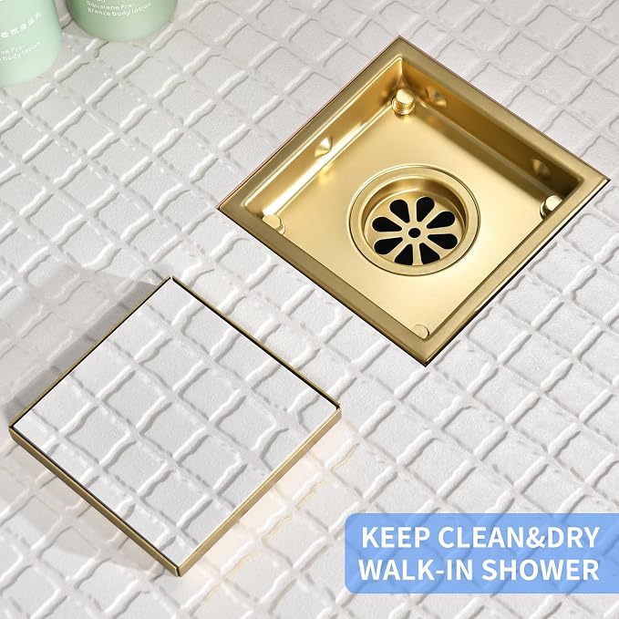 4-Inch Square Shower Drain, Brushed Gold Floor Drain with Flange, 304 Stainless Steel Bathroom 2-in-1 Tile Drain
