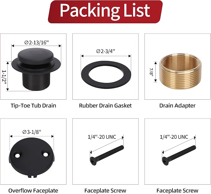 PRIMSOPH Tip-Toe Tub Drain Trim Kit with Two Hole Overflow Faceplate Conversion Kit Assembly Universal Fine Coarse Thread Replacement Matte Black