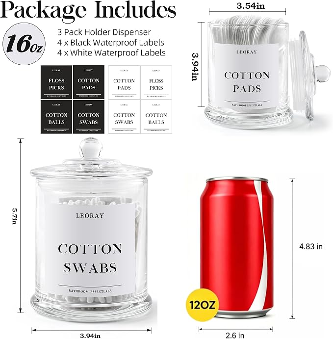 LEORAY 3 Pack Glass Qtip Holder Dispenser with Lids, Airtight Waterproof Apothecary Jars, 16 Oz Vanity Organizer Bathroom Canisters for Cotton Swabs, Balls, Pads, Floss Picks, Transparent