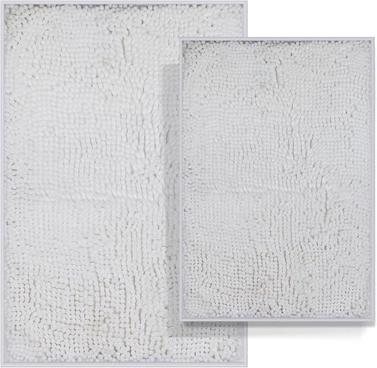 RUN HELIX Chenille Bathroom Mats - Non-Slip Shag Bath Rugs, Washable Soft Shower Mats, Durable Thick Water Absorbent Microfiber Bathroom Set, White